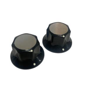 KN010-001 Bass or Guitar Black Knobs Large with Silver Top Insert and White Indicator Dots