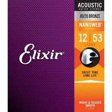 11052 Elixir Nanoweb 80/20 Bronze Light Acoustic Guitar Strings 12-53