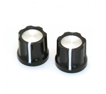 PK-DKNB (2) Mini Reflector Knobs Black/Silver "D" Shaft 6mm for Pedal/Amp