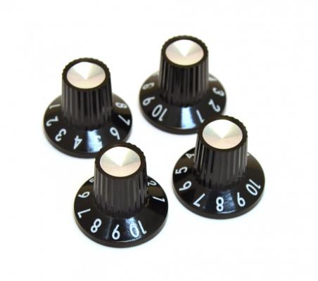 005-4419-049 (4) Genuine Fender Mini Black/Silver Press On Amplifier Amp Knobs 0054419049