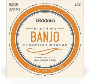 Warm and Bright D'Addario EJ55 Banjo Strings, 5 String Set, Phosphor Bronze 9-30
